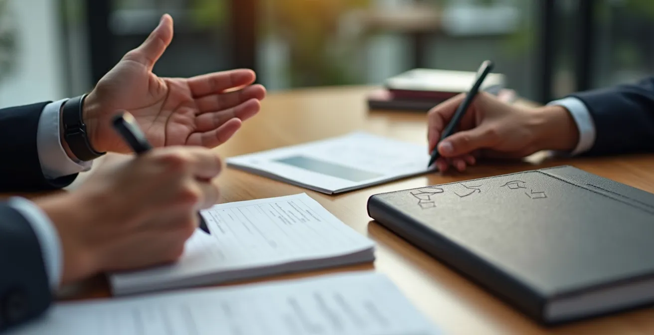 Gros plan sur des mains professionnelles échangeant des documents lors d'une réunion d'évaluation
