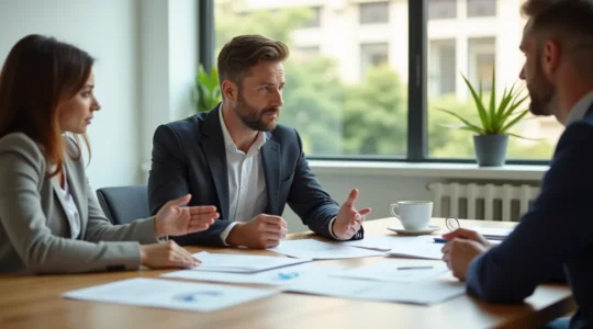 Professionnel du recrutement lors d'une réunion de travail dans un environnement de bureau moderne et lumineux
