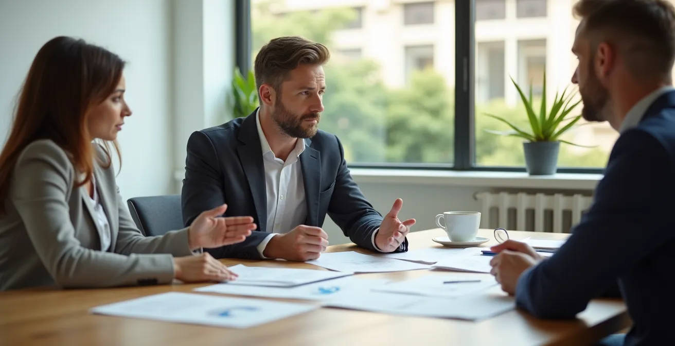 Professionnel du recrutement lors d'une réunion de travail dans un environnement de bureau moderne et lumineux