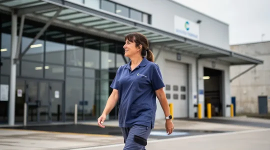 Candidate en tenue de travail entrant dans un bâtiment industriel moderne près de Toulouse