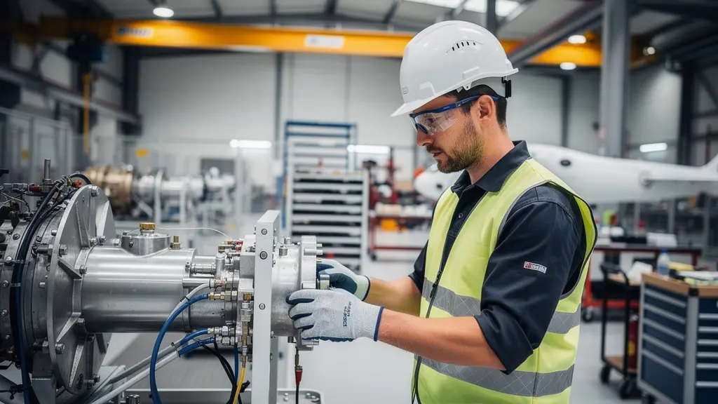 Technicien inspectant un équipement dans un atelier aéronautique près de Toulouse