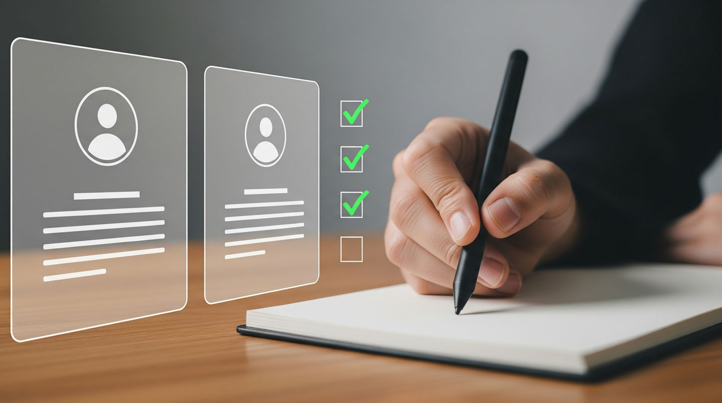 Gros plan sur des mains annotant un document d'évaluation de candidat avec un stylo moderne sur un bureau épuré